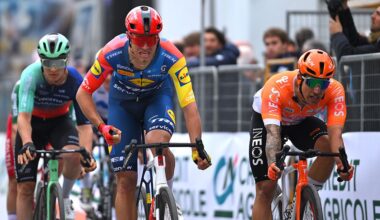 SAN BENEDETTO DEL TRONTO, ITALY - MARCH 15: Jonathan Milan of Italy and Team Lidl - Trek celebrates at finish line as stage winner ahead of Sam Welsford of Australia and Team INEOS Grenadiers during the 61st Tirreno-Adriatico 2026, Stage 7 a 142km stage from Civitanova Marche to San Benedetto del Tronto / #UCIWT / on March 15, 2026 in San Benedetto del Tronto, Italy. (Photo by Tim de Waele/Getty Images)