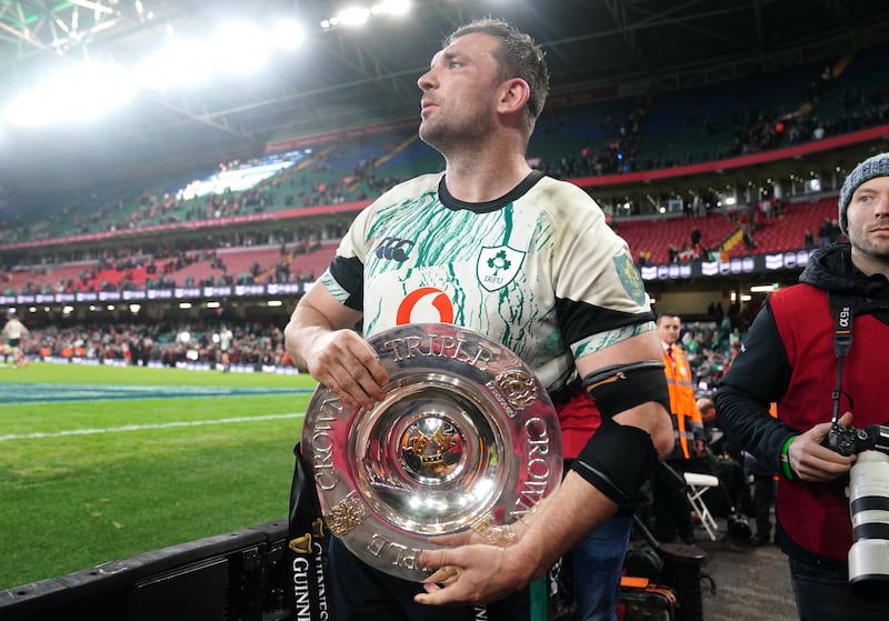 Tadhg Beirne with the Triple Crown after Ireland's victory over Wales in last year's Six Nations, following earlier wins against England and Scotland. Photograph: David Davies/PA
