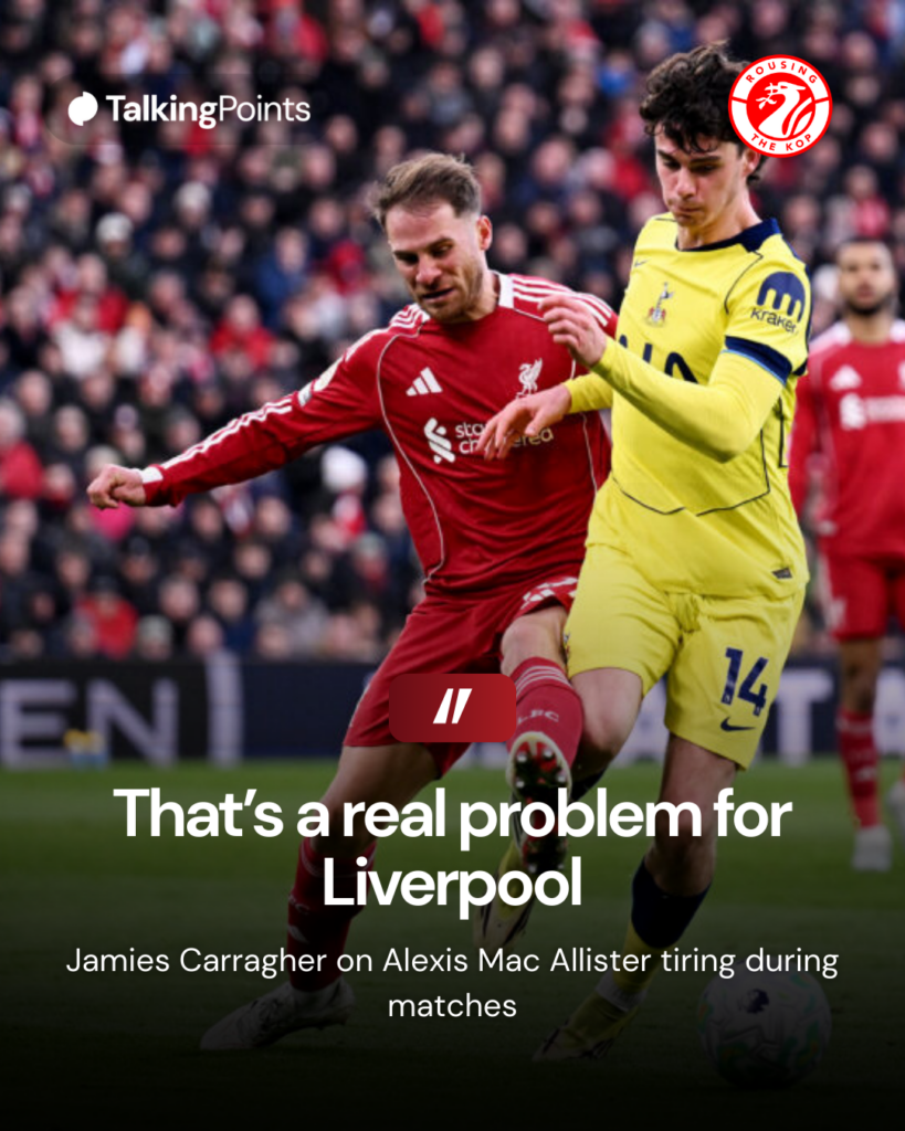 Alexis Mac Allister battles Archie Gray for the ball during Liverpool's Premier League match against Tottenham Hotspur at Anfield (Credit: Getty Images/Liverpool FC).