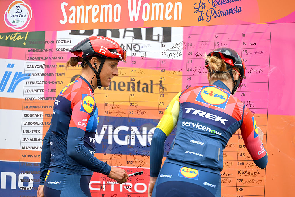 GENOVA, ITALY - MARCH 21: (L-R) Lucinda Brand of Netherlands and Margot Vanpachtenbeke of Belgium and Team Lidl - Trek prior to the 8th Milano-Sanremo Donne 2026, Women's Elite a 156km one day race from Genova to Sanremo / #UCIWWT / on March 21, 2026 in Genova, Italy. (Photo by Tim de Waele/Getty Images)