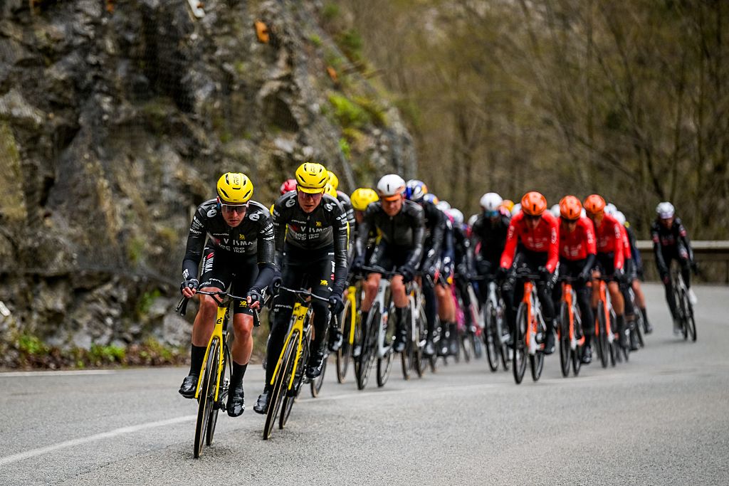 The pack of riders pictured in action during the seventh stage of 84th edition of the Paris-Nice cycling race, from Nice to Isola (120,4 km), on Saturday 14 March 2026. BELGA PHOTO DAVID PINTENS (Photo by DAVID PINTENS / BELGA MAG / Belga via AFP)