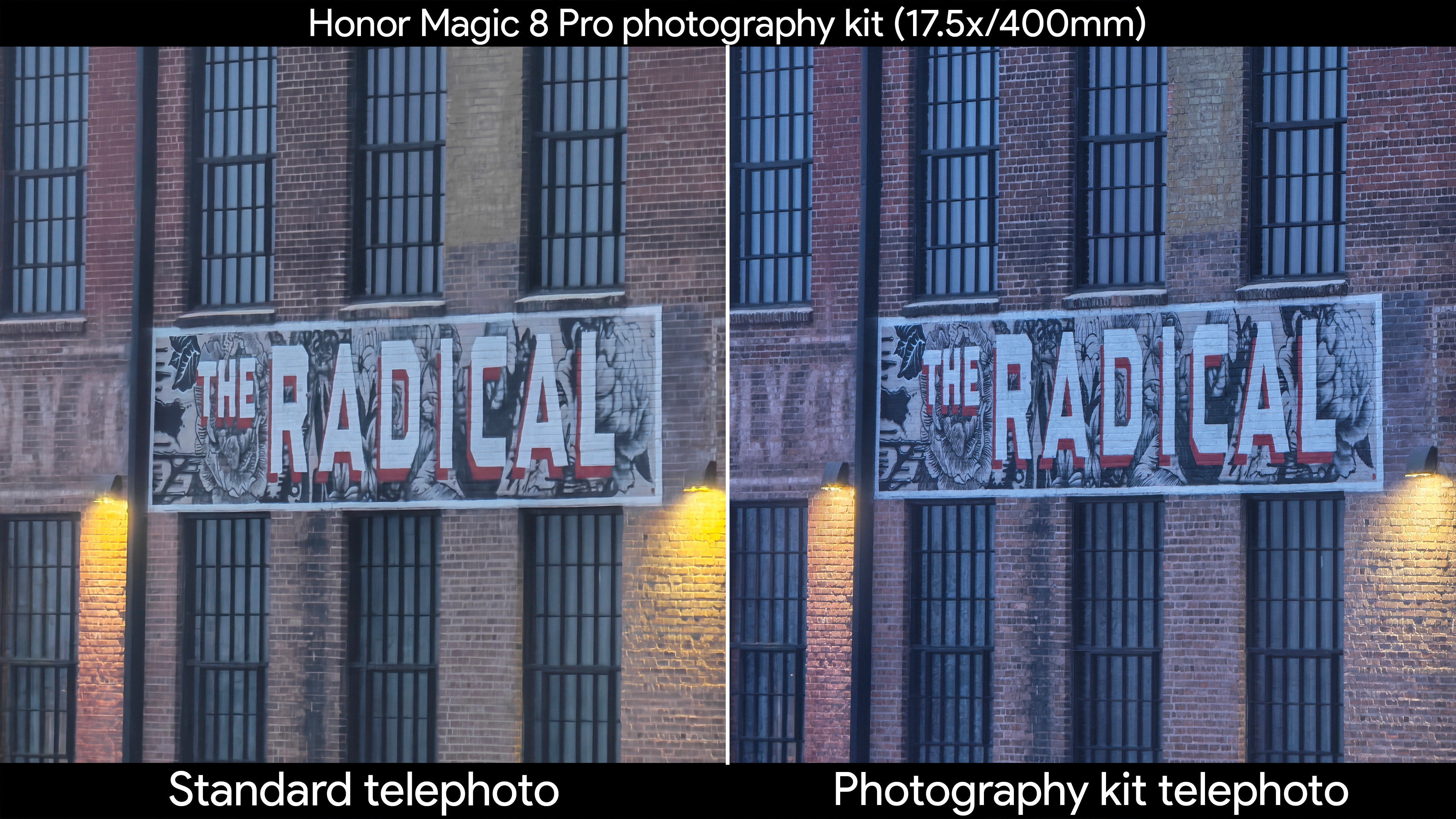 Low light shots comparing the Honor Magic 8 Pro's built-in telephoto lens with the official photography kit's telephoto extender