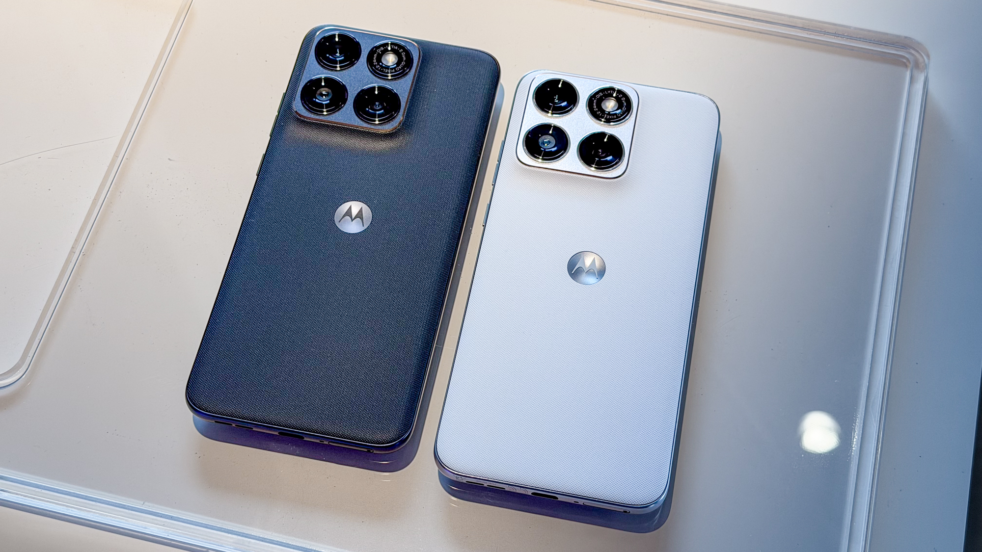 Moto Razr Fold in Blackened Blue and Lily White