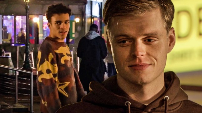 A close-up of EastEnders character Oscar Branning smiling, and Josh Goodwin smiling as he looks over his shoulder.