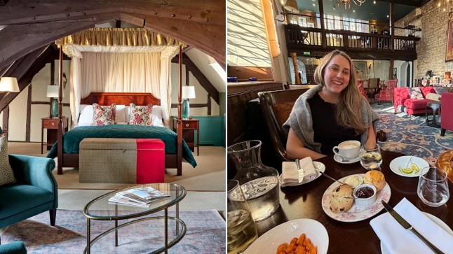 A collage of a bedroom suite at Ellenborough Park, and the writer Mel Evans sitting at a table with coffee and scones.
