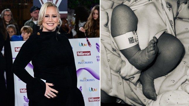 Amy Walsh on the red carpet smiling, next to a snap of her newborn baby's feet.