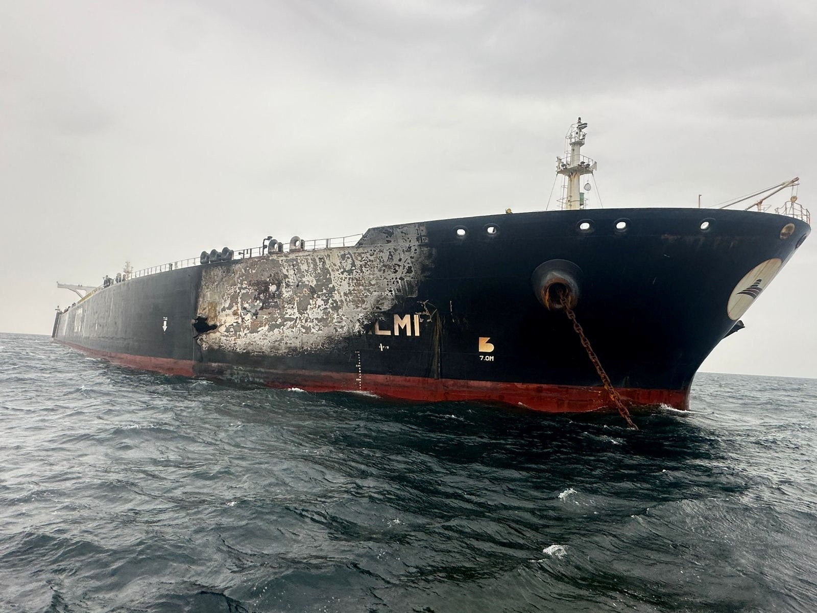 Damage to the Kuwait-flagged Al-Salmi crude oil tanker, following a reported strike, amid the U.S.-Israeli conflict with Iran, March 31, 2026.