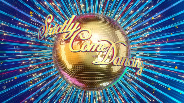 The BBC Strictly Come Dancing logo, with the show title written over a gold glitterball, on a sparkly blue background.