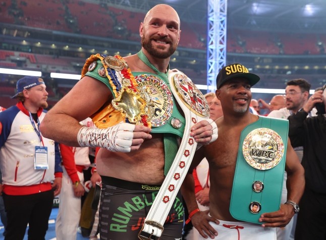 LONDON, ENGLAND - APRIL 23: Tyson Fury celebrates victory after the WBC World Heavyweight Title Fight between Tyson Fury and Dillian Whyte at Wembley Stadium on April 23, 2022 in London, England. (Photo by Julian Finney/Getty Images)