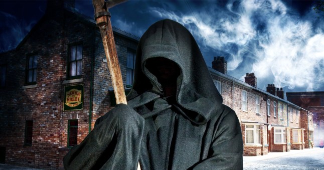 The grim reaper holding a wooden scythe and standing in front of a cloudy Coronation Street.