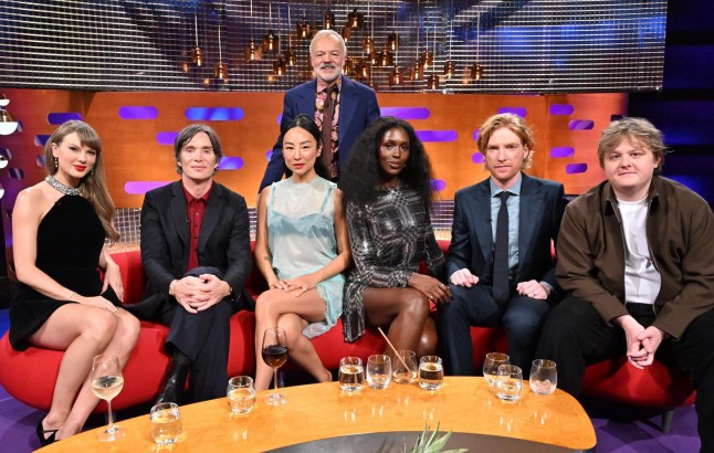 Taylor Swift, Cillian Murphy, Greta Lee, Jodie Turner-Smith, Domhnall Gleeson and Lewis Capaldi with host Graham Norton during filming for the Graham Norton Show,
