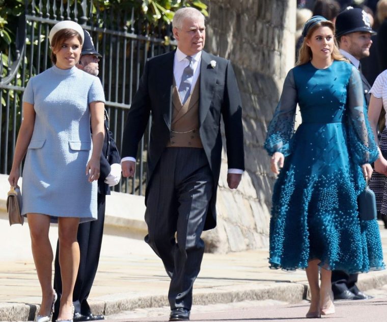 Britain's Prince Andrew, Duke of York, and his daughters Britain's Princess Eugenie of York (L) and Britain's Princess Beatrice of York arrive for the wedding ceremony of Britain's Prince Harry, Duke of Sussex and US actress Meghan Markle at St George's Chapel, Windsor Castle, in Windsor, on May 19, 2018. (Photo by Chris Jackson / POOL / AFP) (Photo credit should read CHRIS JACKSON/AFP via Getty Images)
