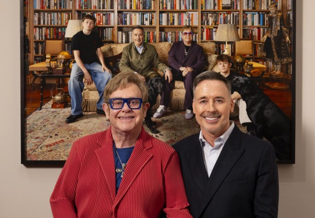 EMBARGOED TO 0001 TUESDAY MARCH 3 EDITORIAL USE ONLY Undated handout photo issued by National Portrait Gallery?of (left to right) Sir Elton John and David Furnish at the unveiling of Elijah, David, Elton and Zachary (2025) by Catherine Opie, at the National Portrait Gallery in London. The portrait capturing Sir Elton; his husband, filmmaker David Furnish; their two children, Zachary and Elijah Furnish-John; and their two Labradors, Joseph and Jacob, in their family home in Old Windsor has been unveiled at the National Portrait Gallery. Issue date: Tuesday March 03, 2026. PA Photo. Taken by photographer Catherine Opie, the portrait can be found in the gallery's Mary Weston Gallery from Tuesday, with the unveiling also marking the opening of the exhibition Catherine Opie: To Be Seen. Photo credit should read: David Parry/National Portrait Gallery/PA Wire NOTE TO EDITORS: This handout photo may only be used for editorial reporting purposes for the contemporaneous illustration of events, things or the people in the image or facts mentioned in the caption. Reuse of the picture may require further permission from the copyright holder.