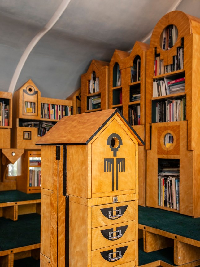 The Architectural Library with the slide-scraper in the foreground, an ad-hoc combination of off the shelf filing cabinets with added MDF ornamentation. Picture: Sue Barr