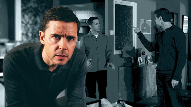 A Coronation Street comp that features Todd Grimshaw looking into a camera, and a shot of Todd arguing with Theo in the background