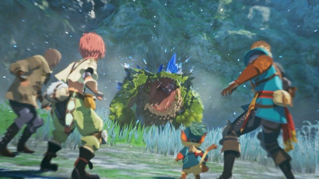 Monster Hunter Stories 3: Twisted Reflection screenshot of human characters fighting a monster