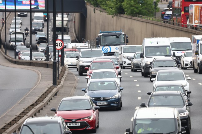 Heavy traffic builds up on the A40 at Perivale, West London on a day of rail strike action.