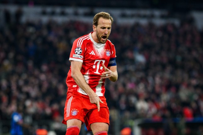 MUNICH, GERMANY - MARCH 18: Harry Kane of Munich celebrates after scoring his team's first goal during the UEFA Champions League 2025/26 Round of 16 Second Leg match between FC Bayern M??nchen and Atalanta BC at Football Arena Munich on March 18, 2026 in Munich, Germany. (Photo by Markus Gilliar - GES Sportfoto/Getty Images)