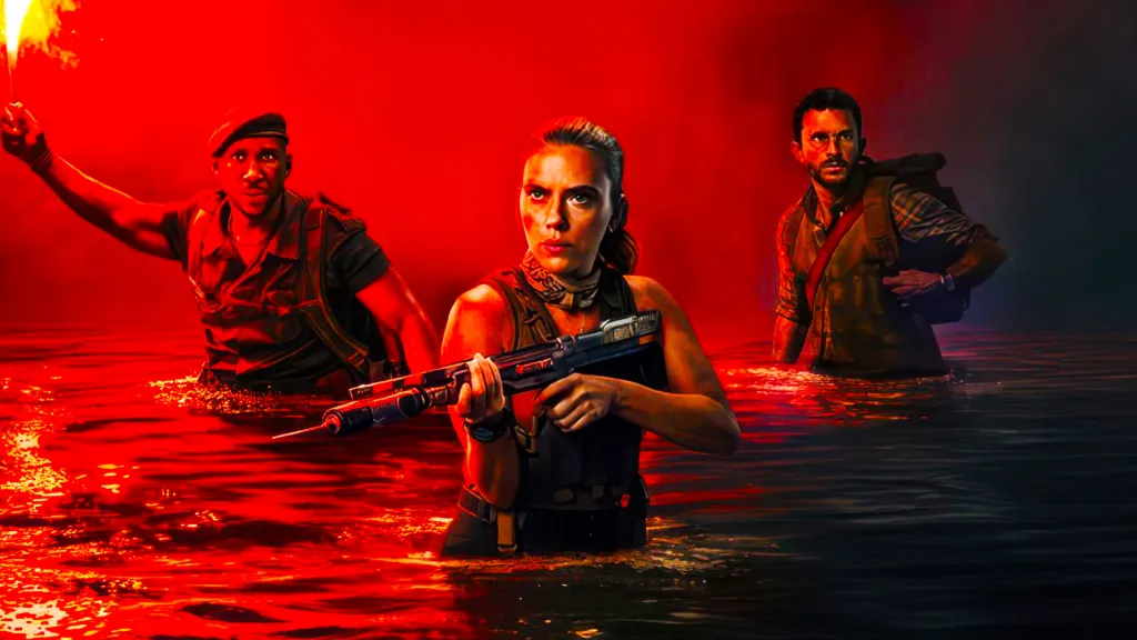 Scarlett Johansson, Mahershala Ali, and Jonathan Bailey in a poster for Jurassic World Rebirth