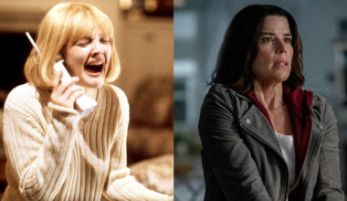 Drew Barrymore in the original 'Scream' (1996) and Neve Campbell in 'Scream 7' (2026)