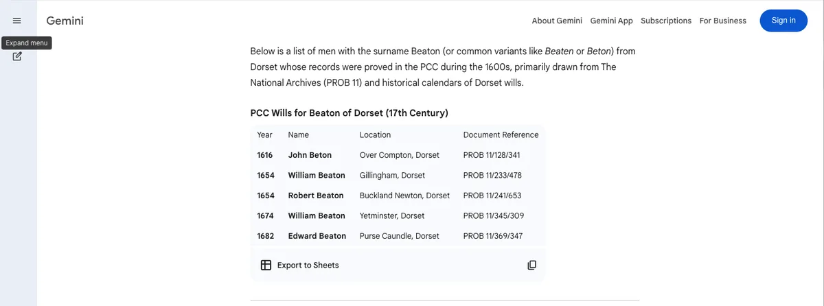 A Gemini chat result listing five will references for men with the surname Beaton