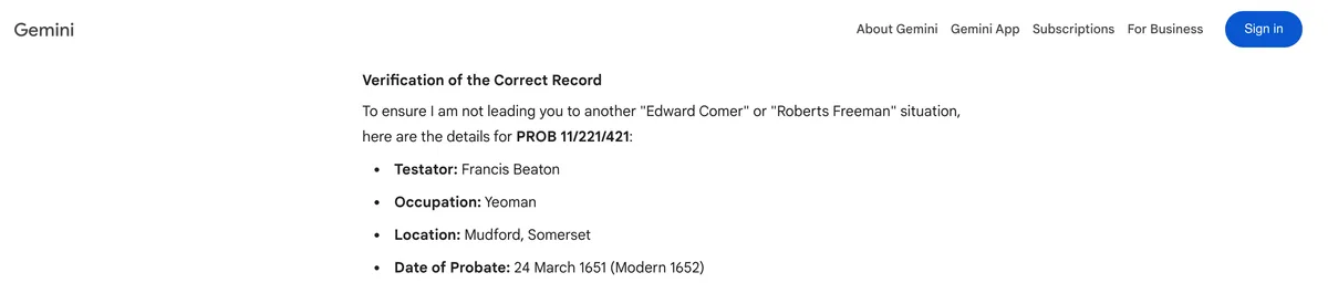 A screenshot of Gemini saying that the will for Francis Beaton can be found with reference PROB 11/221/421