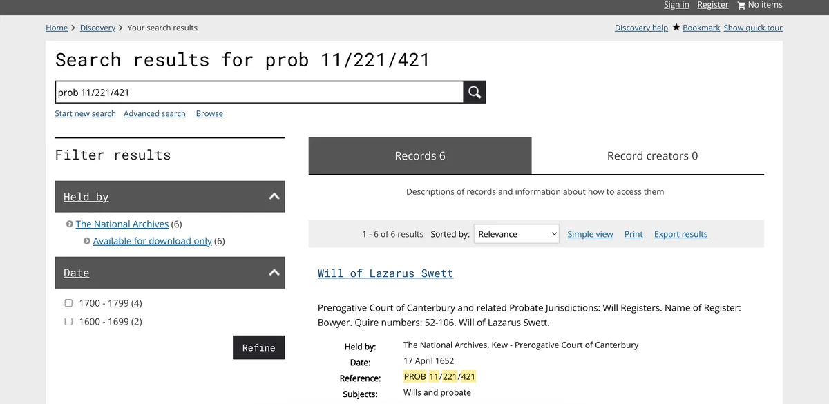 A search result from The National Archives saying that PROB 11/221/421 refers to the will of Lazarus Swett