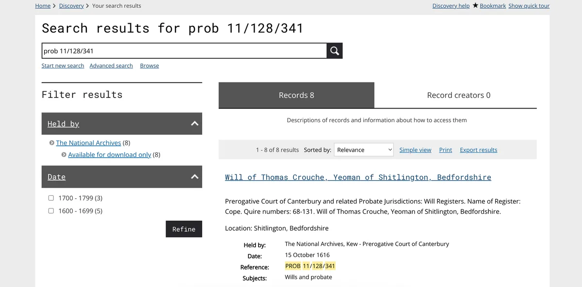 A screenshot from The National Archives' website showing that reference PROB 11/128/341 actually leads to the will of Thomas Crouche