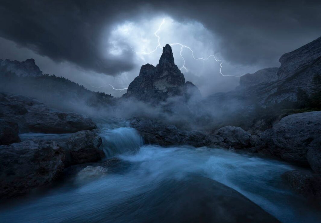 A lightning storm over the Dolomites