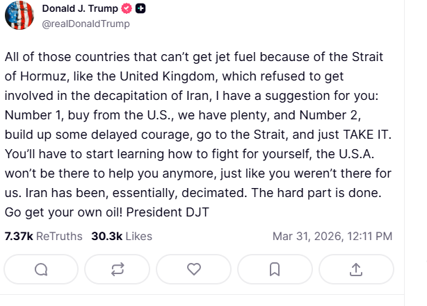 Trump criticó duramente al Reino Unido por no apoyarlo en el tema del estrecho de Ormuz.