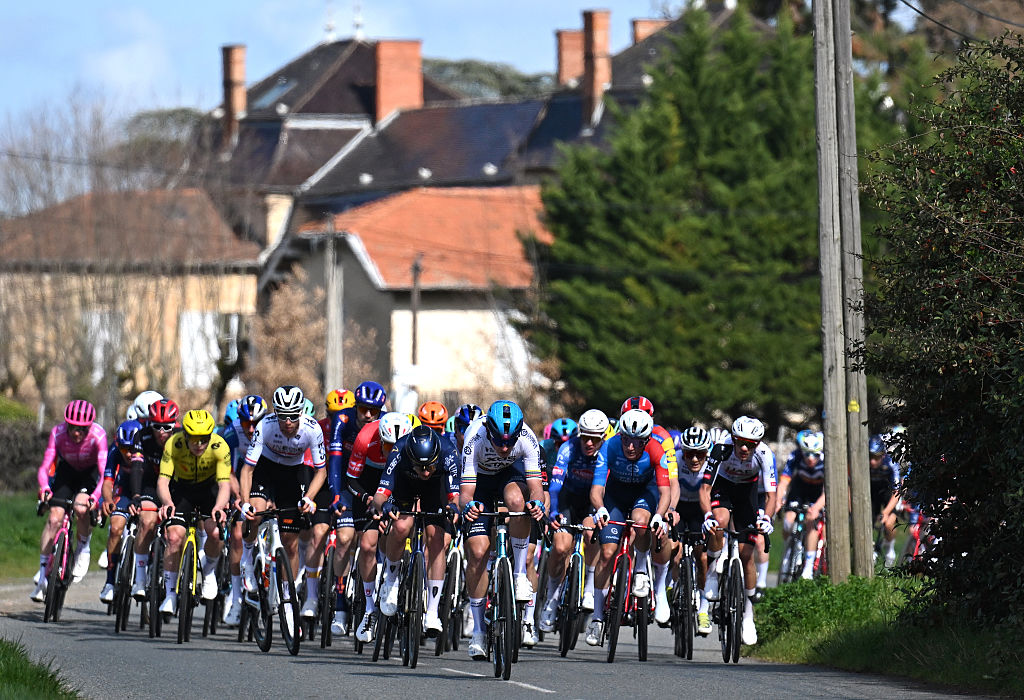 COLOMBIER-LE-VIEUX, FRANCE - MARCH 12: (L-R) Nickolas Zukowsky of Canada and Team Pinarello Q36.5 Pro Cycling and Yevgeniy Fedorov of Kazakhstan and Team XDS Astana lead the peloton during the 84th Paris-Nice 2026, Stage 5 a 206.3km stage from Cormoranche-sur-Saone to Colombier-le-Vieux 422m / #UCIWT / on March 12, 2026 in Colombier-le-Vieux, France. (Photo by Szymon Gruchalski/Getty Images)