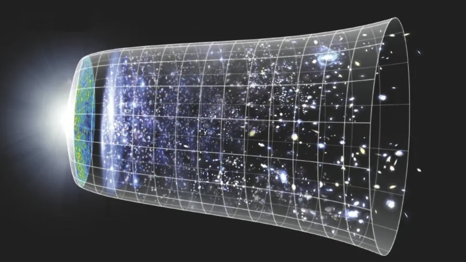 A cylinder-like shape with stars within. There's a glow toward the left and a grid pattern all around it.