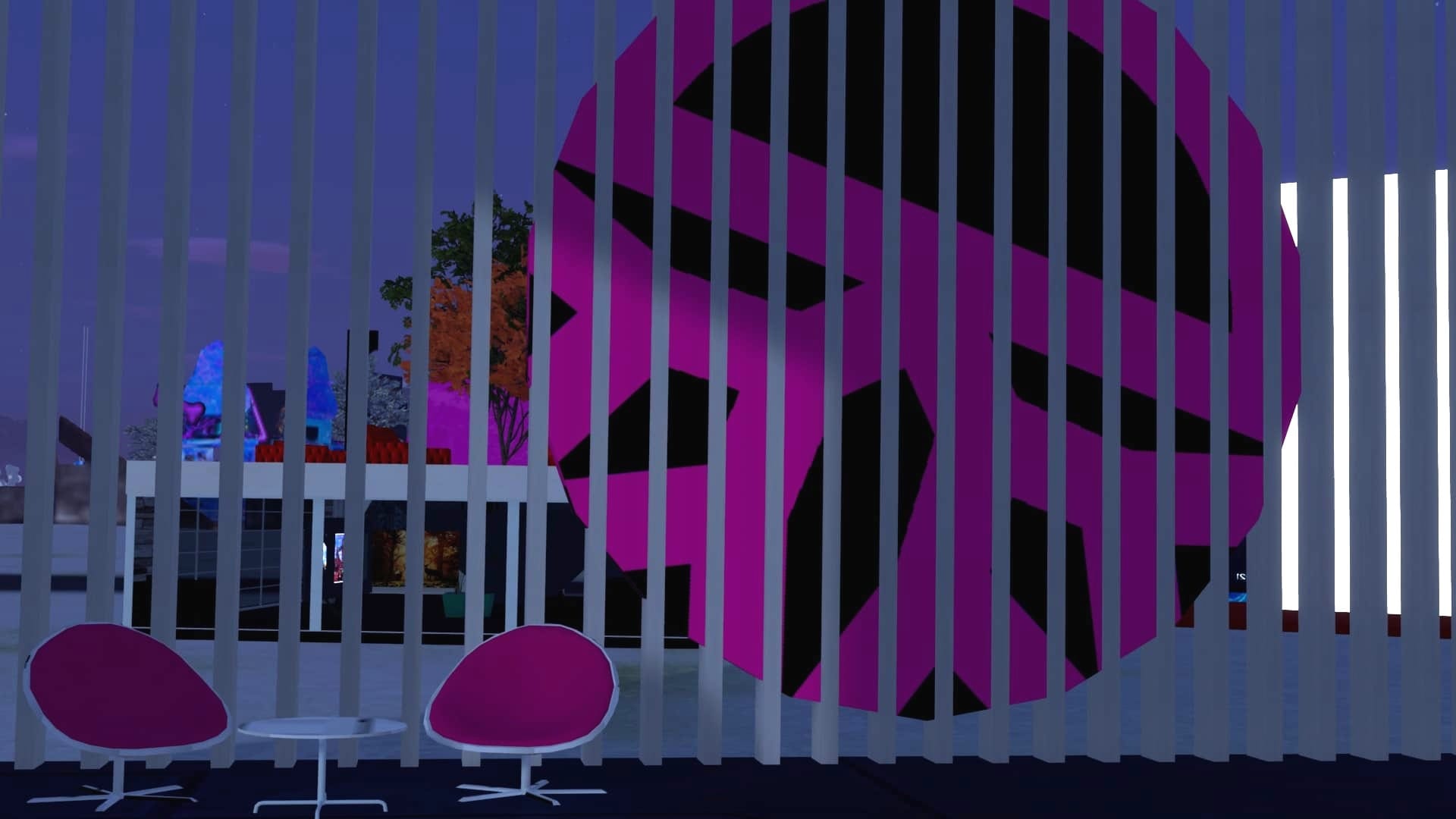 A virtual business office with two chairs placed in front of a wall of slats.