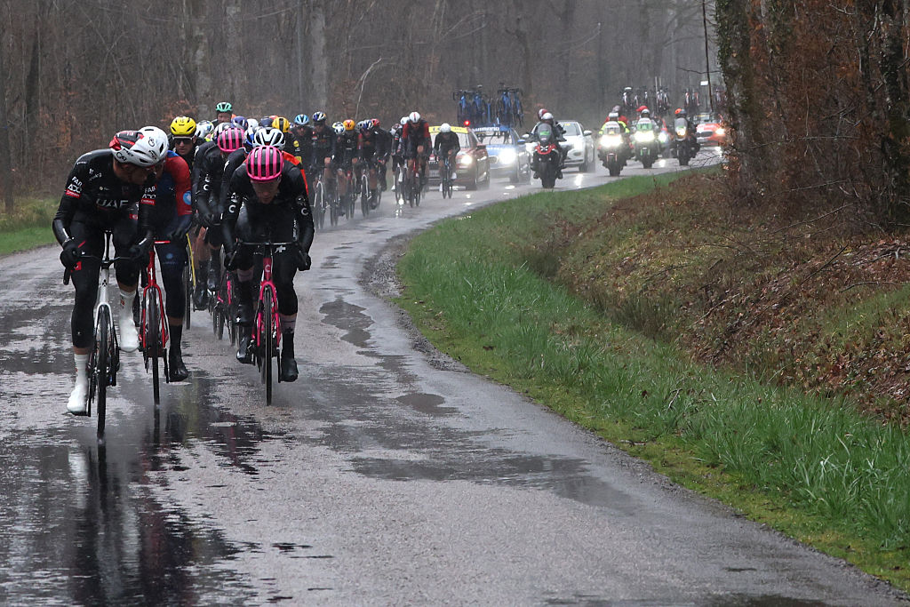 A group of riders cycles in a breakaway during the 4th stage of the Paris-Nice cycling race, 195 km between Bourges and Uchon, on March 11, 2026. (Photo by Anne-Christine POUJOULAT / AFP)
