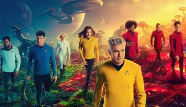 The crew of the Enterprise on a planet in key art for Star Trek: Strange New Worlds season 3.
