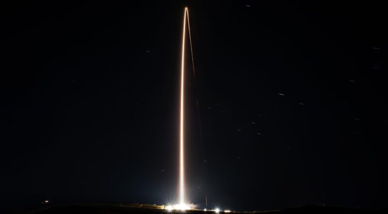 10,000 Starlink satellites: A line of light arcs from the launch site off toward space.