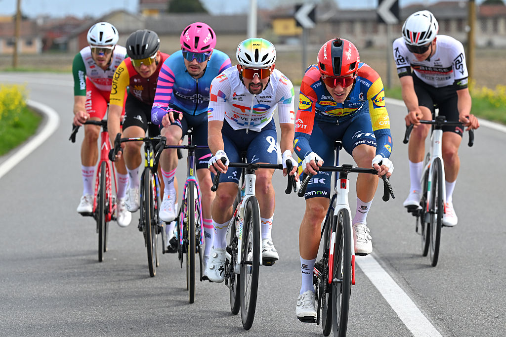 TURIN, ITALY - MARCH 18: (L-R) Mathieu Burgaudeau of France and Team TotalEnergies and Patrick Konrad of Austria and Team Lidl - Trek compete in the breakaway during the 106th Milano-Torino 2026 a 174km one day race from Rho to Turin - Superga 670m / #UCIWT / on March 18, 2026 in Turin, Italy. (Photo by Tim de Waele/Getty Images)