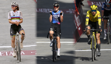 Collage of Lotte Kopecky, Demi Vollering and Pauline Ferrand-Prevot on the finish line of Strade Bianche Women