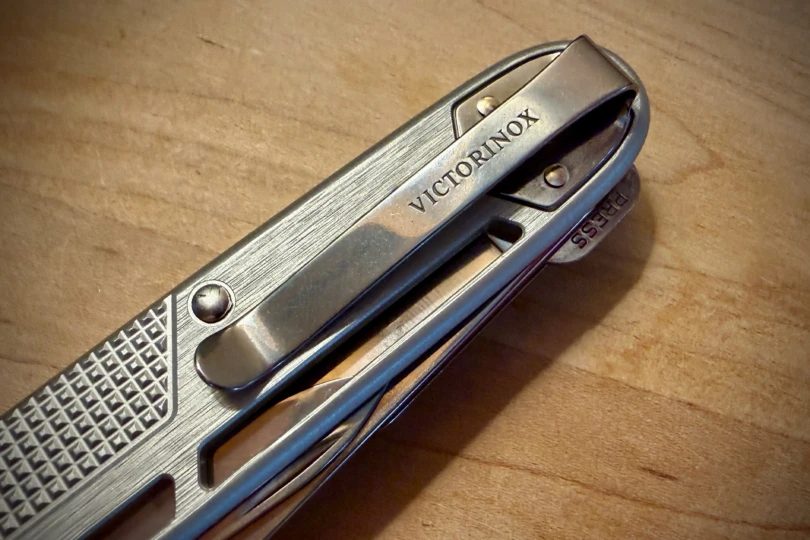 Victorinox Synergy X Alox showing the pocket clip and locking mechanism