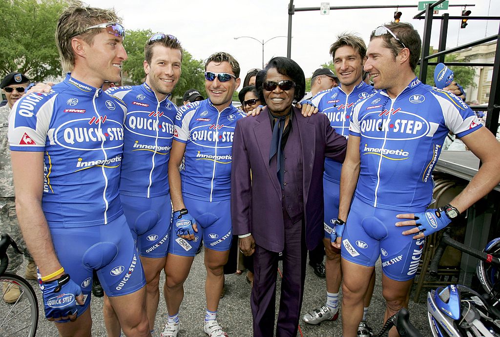 AUGUSTA, GA - APRIL 18: (L-R) Leonardo Scarselli of Italy, Geert Verheyen of Belgium, Francesco Chicchi of Italy, Davide Bramati of Italy and Matteo Tosatto of Italy, riding for Quick Step-Innergetic, pose for a photo with James Brown "The Godfather of Soul" at the start of Stage One of the 2006 Tour de Georgia on April 18, 2006 from Augusta to Macon, Georgia. (Photo by Doug Pensinger/Getty Images)