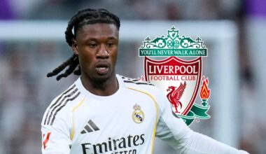 Real Madrid star Eduardo Camavinga with a Liverpool badge