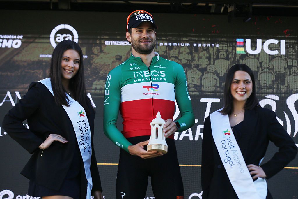 INEOS Grenadiers Italian cyclist Filippo Ganna celebrates on the podium after winning the stage 3 of the Algarve Tour, a time trial run in Vilamoura on February 20, 2026. (Photo by Jo&atilde;o Matos / AFP)