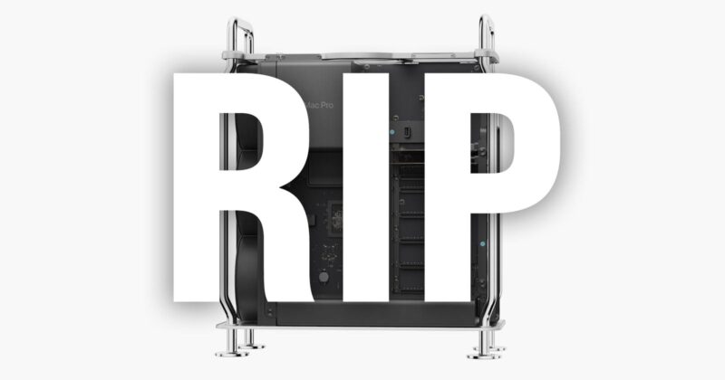 A computer tower with its side panel removed is shown in the background. The large white letters "RIP" are overlaid across the center of the image.