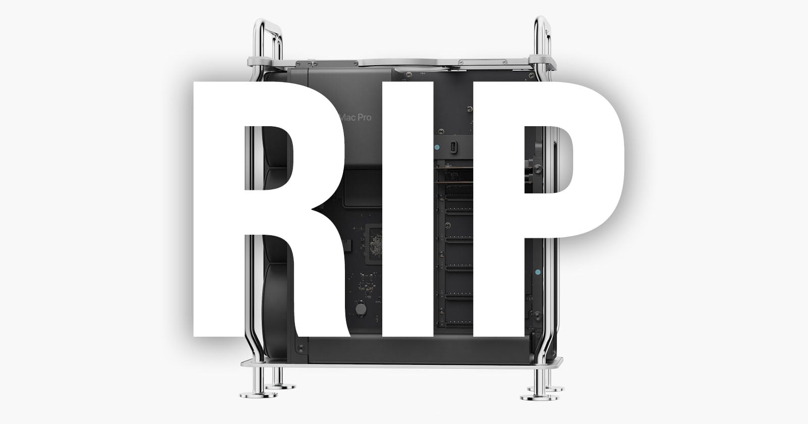 A computer tower with its side panel removed is shown in the background. The large white letters "RIP" are overlaid across the center of the image.