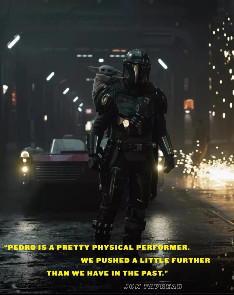 The Mandalorian and Grogu standa in front of a speeder with a pull quote from the interview