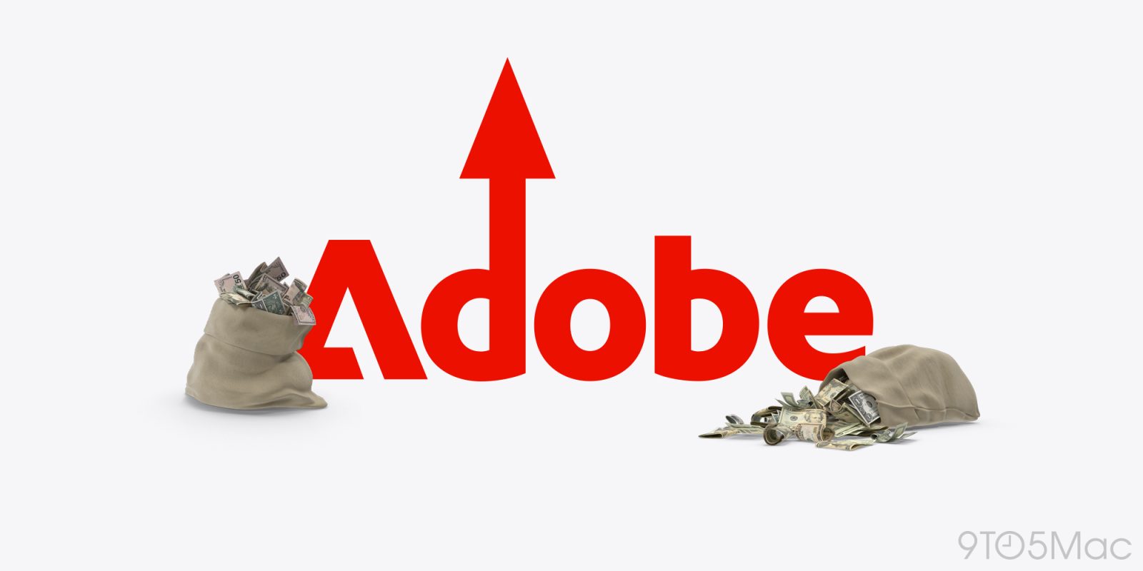 Top tier Adobe Creative Cloud plan increasing to $800 per year | Adobe logo with up arrow and bags of money