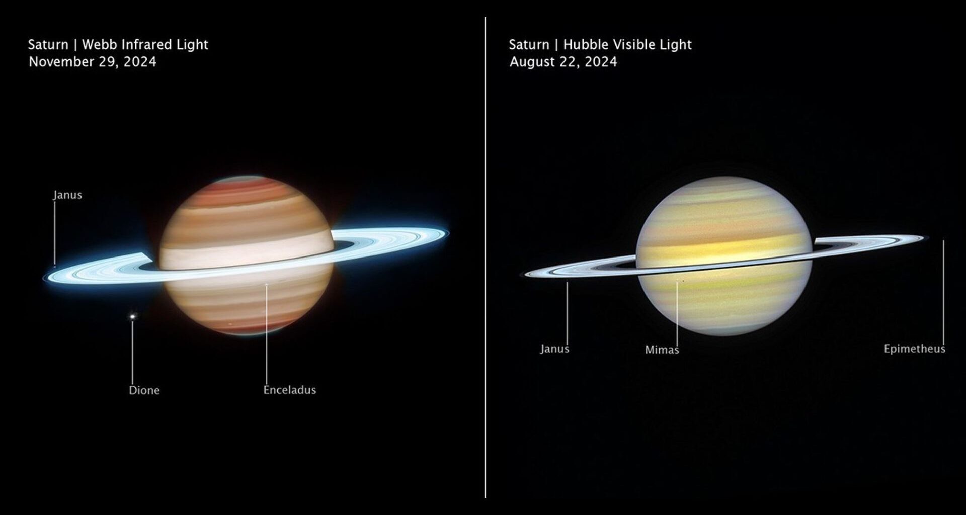 Two side-by-side images of Saturn showing the planet in different wavelengths. The one on the left makes the planet appear more orange with glowing blue rings while the image on the right makes it appear soft yellow with more silvery rings.