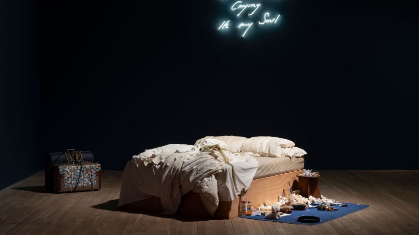 Bed installation in centre of dark room