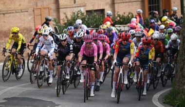 SIENA, ITALY - MARCH 07: (L-R) Demi Vollering of Netherlands, Amber Kraak of Netherlands and Team FDJ United - SUEZ, Henrietta Christie of New Zealand and Team EF Education-Oatly and Riejanne Markus of Netherlands and Team Lidl - Trek compete during to the 12th Strade Bianche Donne 2026 a 133km one day race from Siena to Siena / #UCIWWT / on March 07, 2026 in Siena, Italy. (Photo by Luc Claessen/Getty Images)