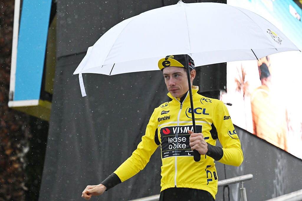 NICE, FRANCE - MARCH 14: Jonas Vingegaard of Denmark and Team Visma | Lease a Bike - Yellow Leader Jersey prior to the 84th Paris-Nice 2026, Stage 7 a 47km stage from Nice to Isola 855m / The finish was moved from Auron to Isola, due to adverse weather conditions / #UCIWT / on March 14, 2026 in Nice, France. (Photo by Szymon Gruchalski/Getty Images)